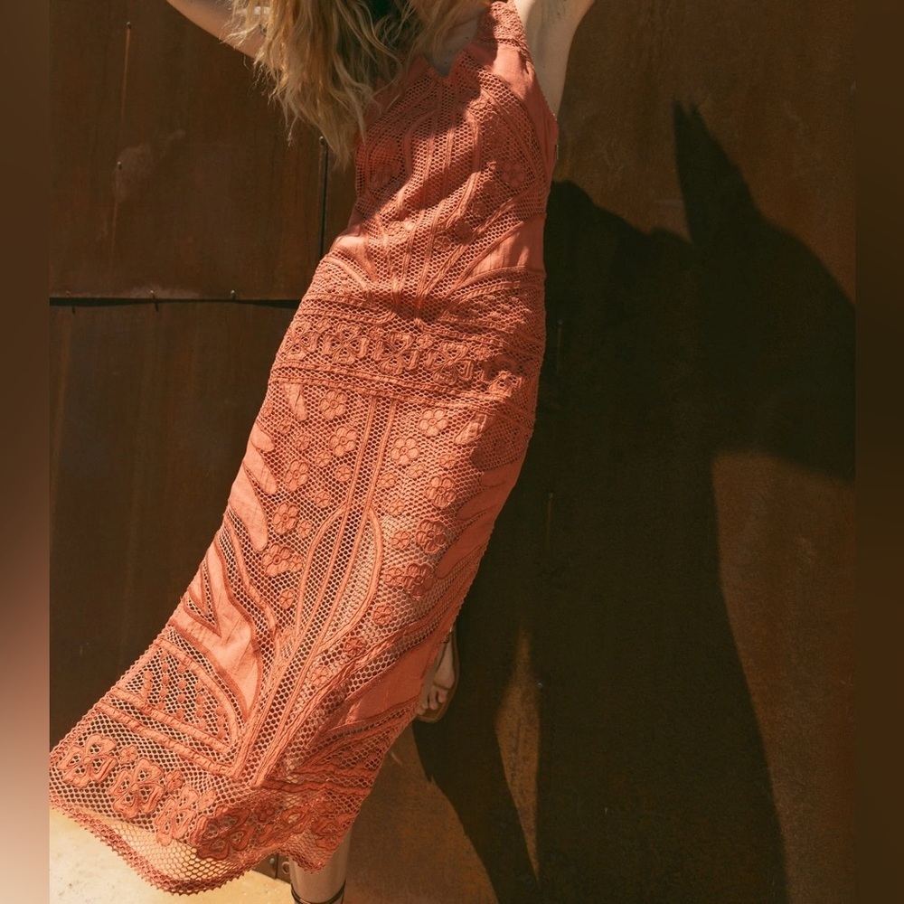 Cleobella Shelby Crochet Midi Dress XL Coral Orange Sheer Boho No Lining - Picture 5 of 16